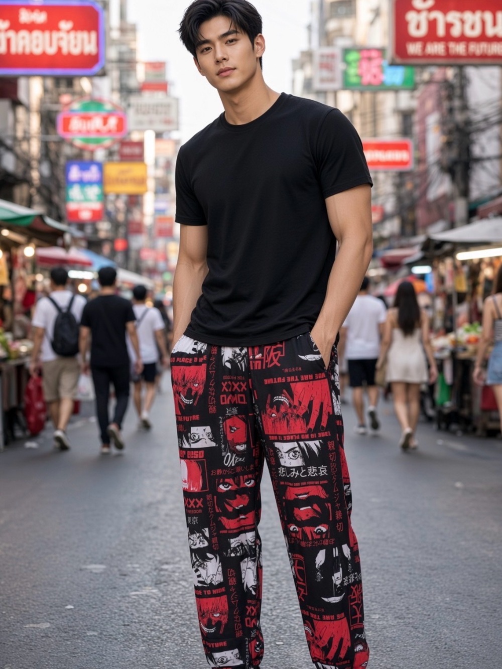 Men's Graphic Streetwear Jogger Pants - Black & Red